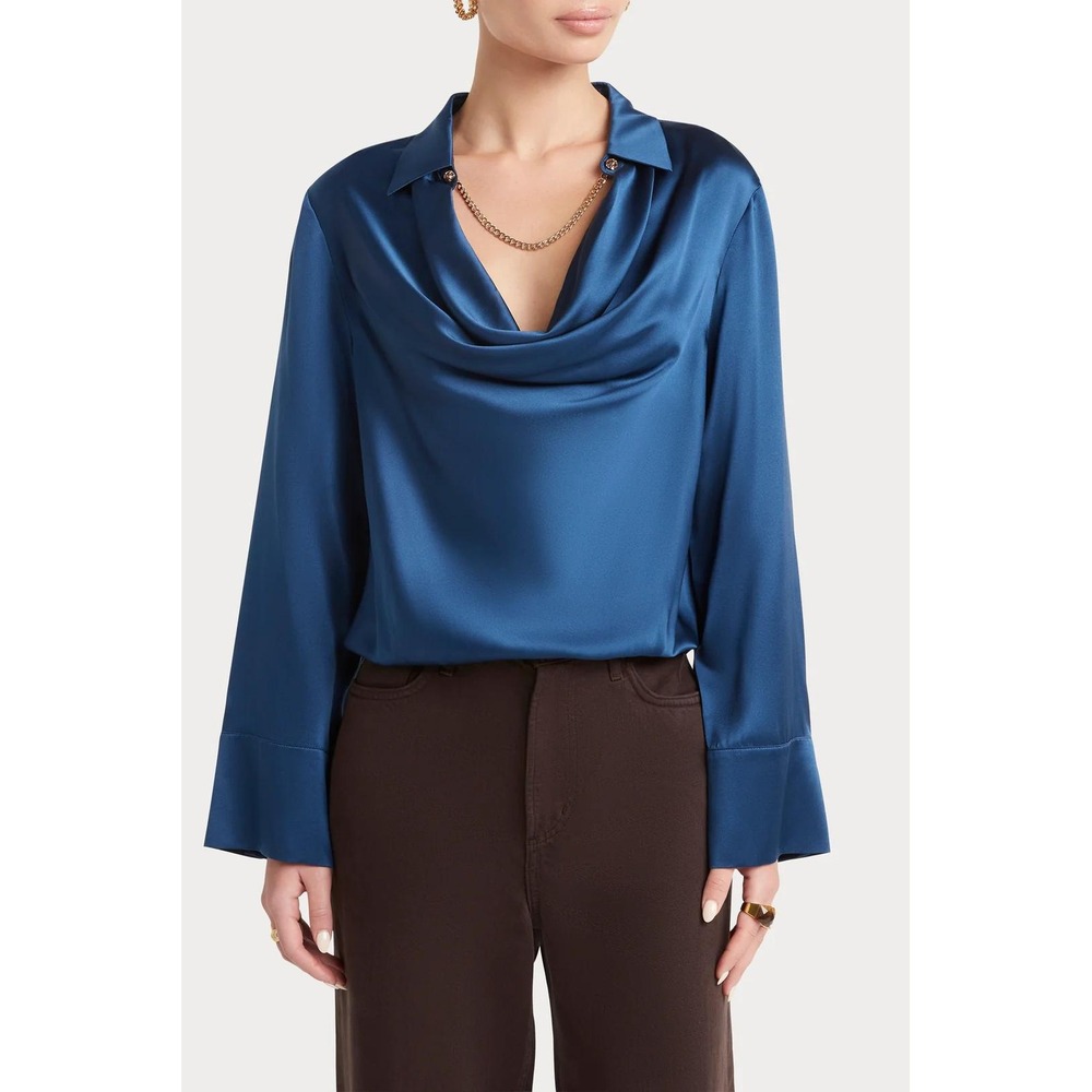 Lyaner Womens Satin Cowl Blouse Size XXL Teal Blue Long Sleeve Elegant Top